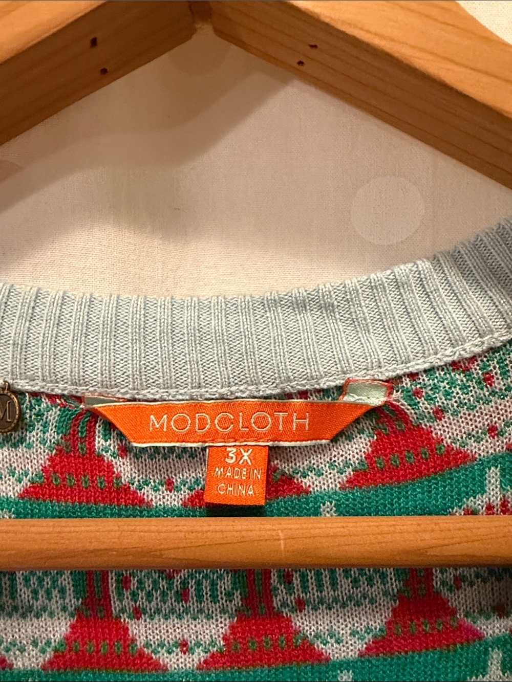 Modcloth Light Blue Cardigan with Red Strawberry Yoke - Picture 2 of 5